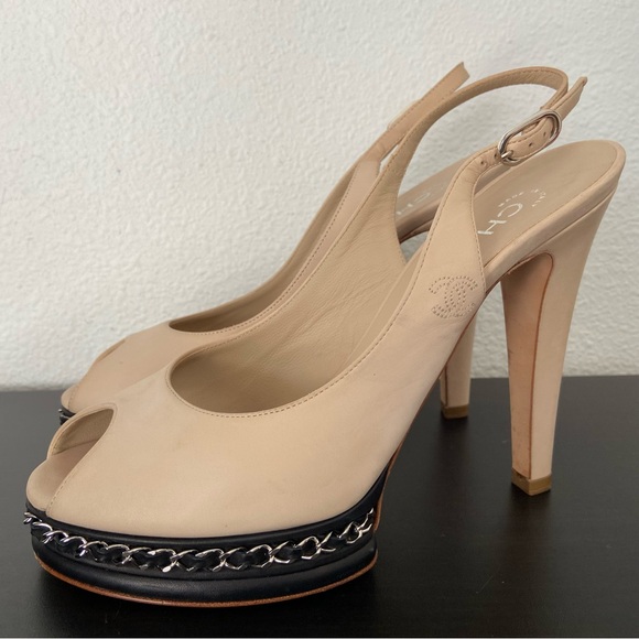 Chanel Leather CC Chain Detail Peep Toe Platform Slingback Pumps Heels - Picture 1 of 16